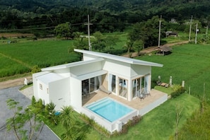 A modern house with a swimming pool, surrounded by lush greenery and fields.