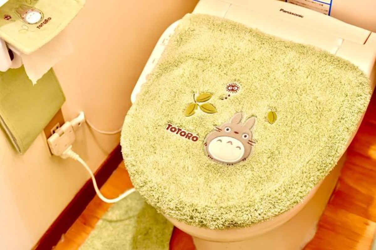 A toilet with a green textured seat cover featuring a Totoro character and leaf designs.