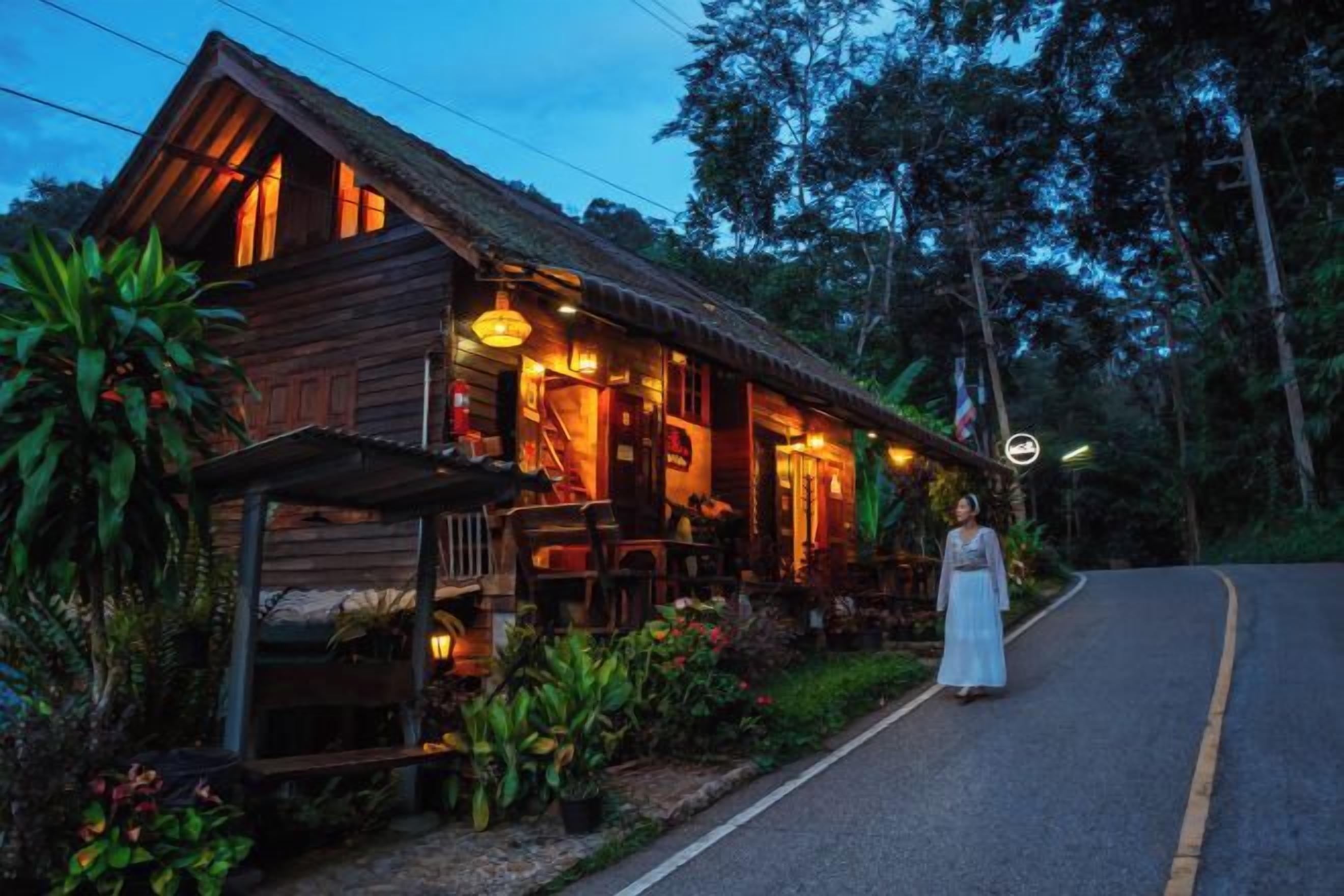 A wooden building with a porch, surrounded by plants and a road.