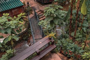 Un jardín con un banco de madera, un pequeño puente y diversas plantas.