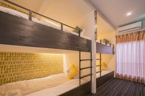 A bunk bed room with a tiled headboard, a ladder, a small shelf, and a window with curtains. - New open！Sunflower 5-minute walk from Nishi-Kujo Station (Osaka)