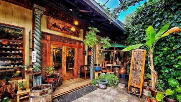 Tunnelmallinen myymälän julkisivu, jossa on puinen arkkitehtuuri, erilaisia ruukkukasveja ja kyltti, jossa lukee: ”Aniba 3D”.
