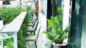 Un espacio al aire libre con una mesa larga y sillas, rodeado de plantas en macetas y un muro de cristal.