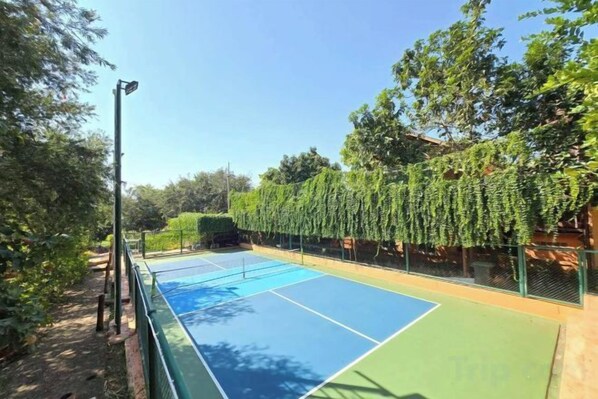 An outdoor tennis court with a green fence, surrounded by trees and a clear sky.