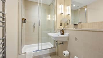 Hair dryer, towels, soap, shampoo