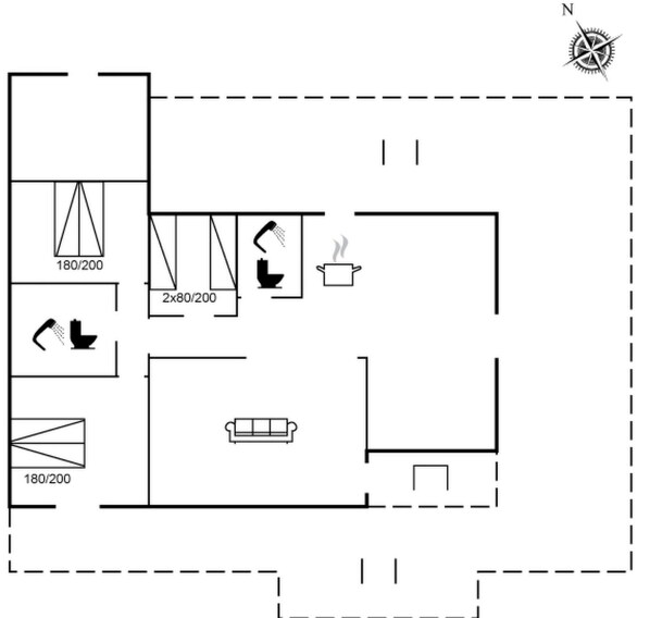 Un plan d’étage comprenant un espace de vie, deux chambres, une salle de bain et une cuisine.