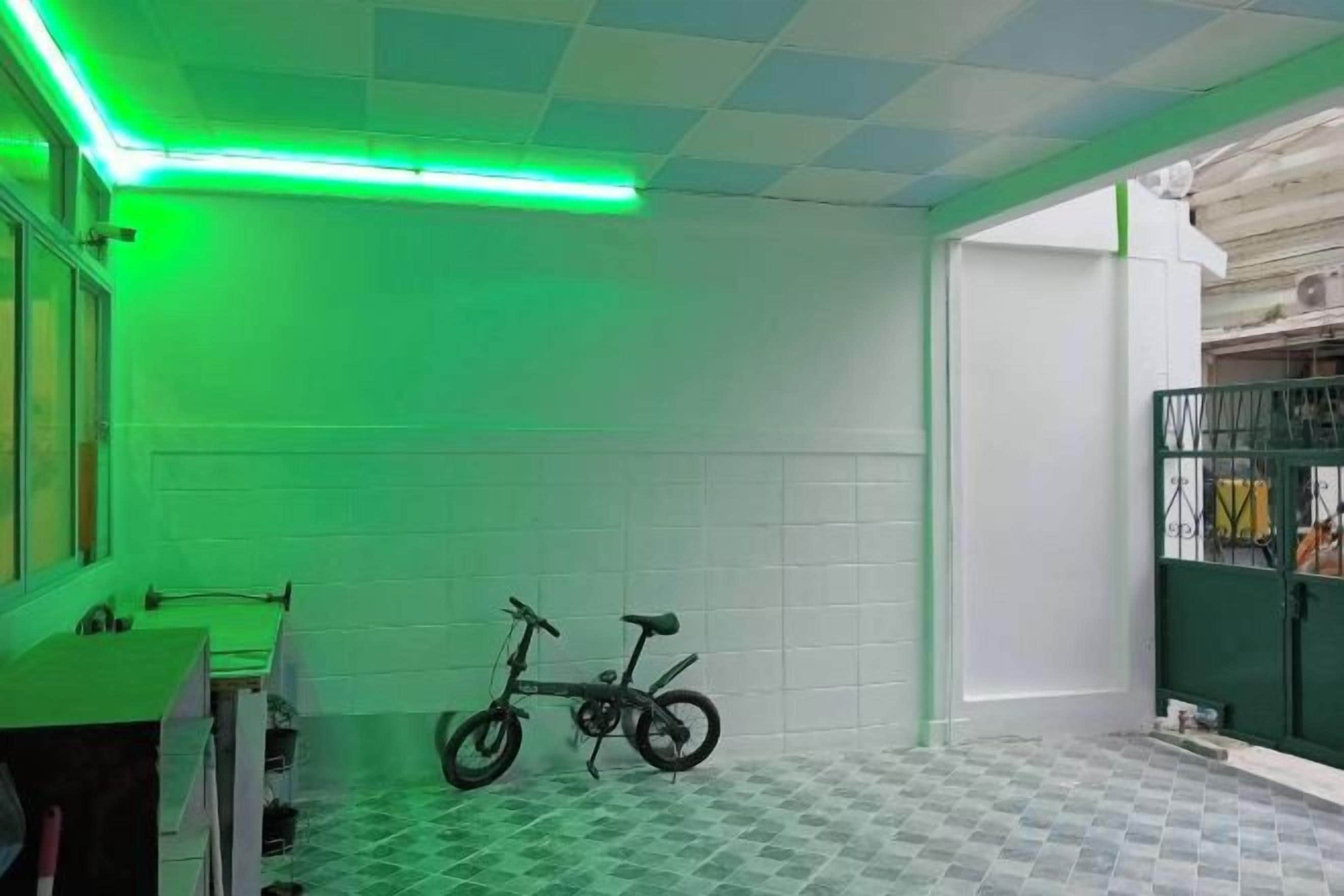 A room with a bicycle, a window, and a green neon light.