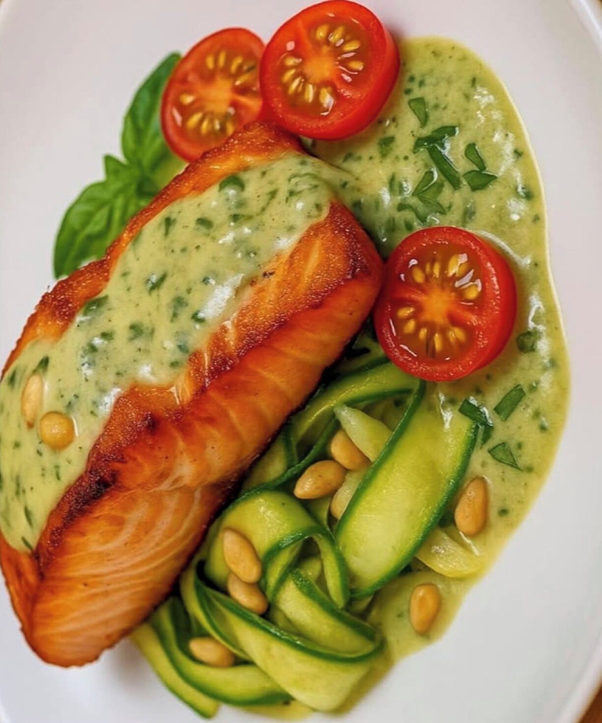 A plate with salmon, zucchini, cherry tomatoes, and a green sauce.