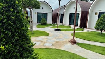 A courtyard with a stone pathway, surrounded by well-maintained grass and trees, leading to a building with a curved roof.