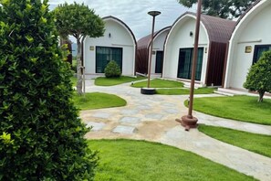 Un patio con un camino de piedra, rodeado de césped y árboles bien cuidados, que conduce a un edificio con techo curvo.