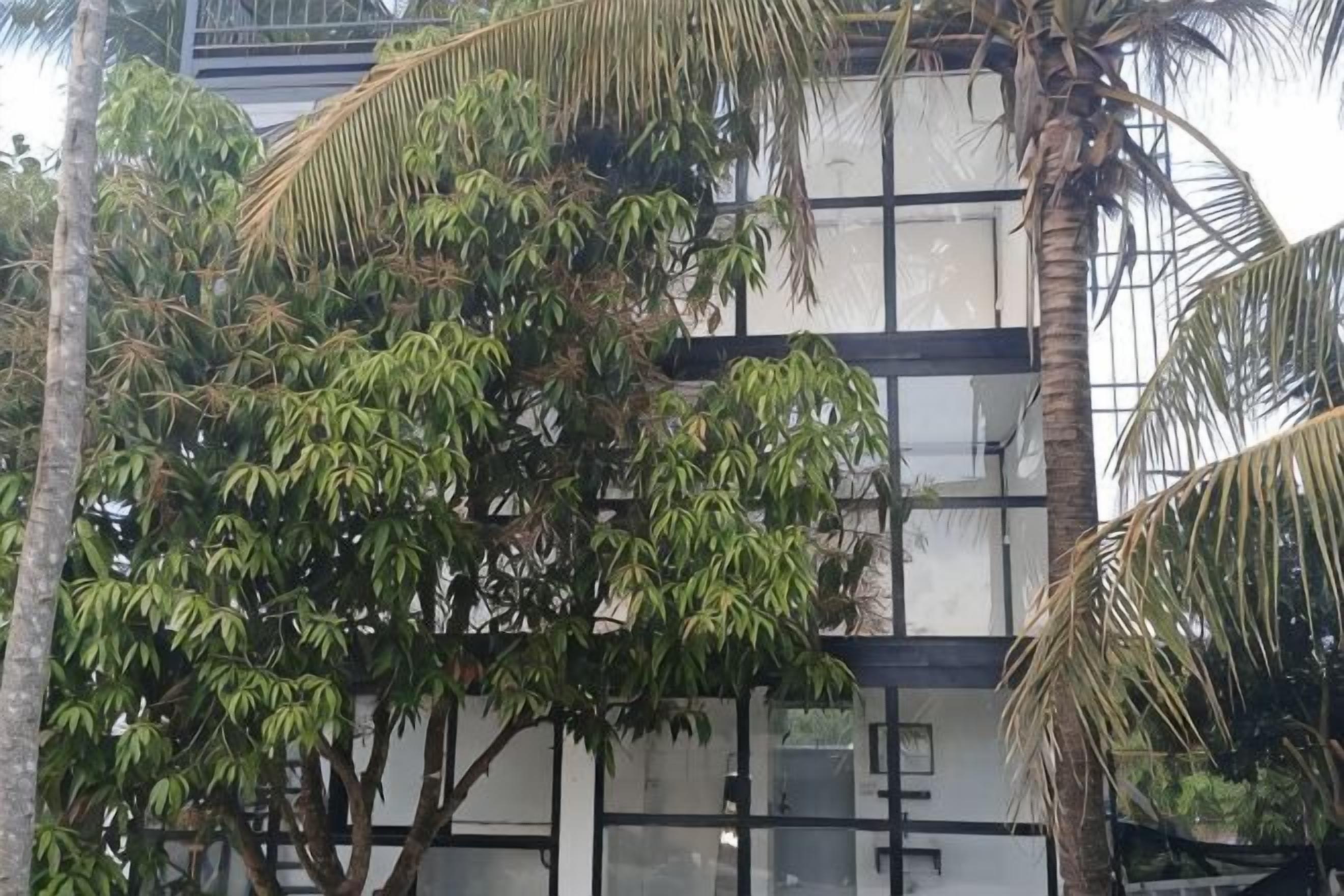 Ein modernes Gebäude mit großen Glasfenstern und einem Baum davor.