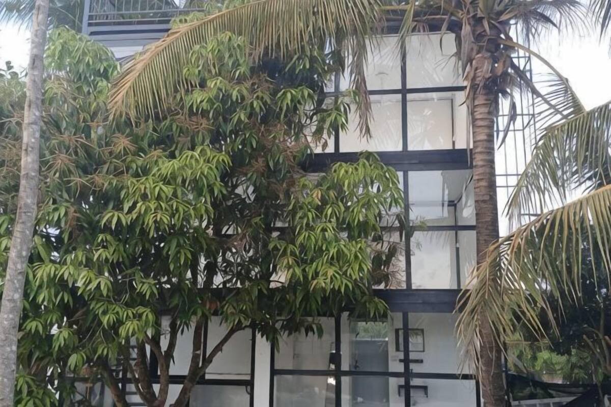 A modern building with large glass windows and a tree in front.