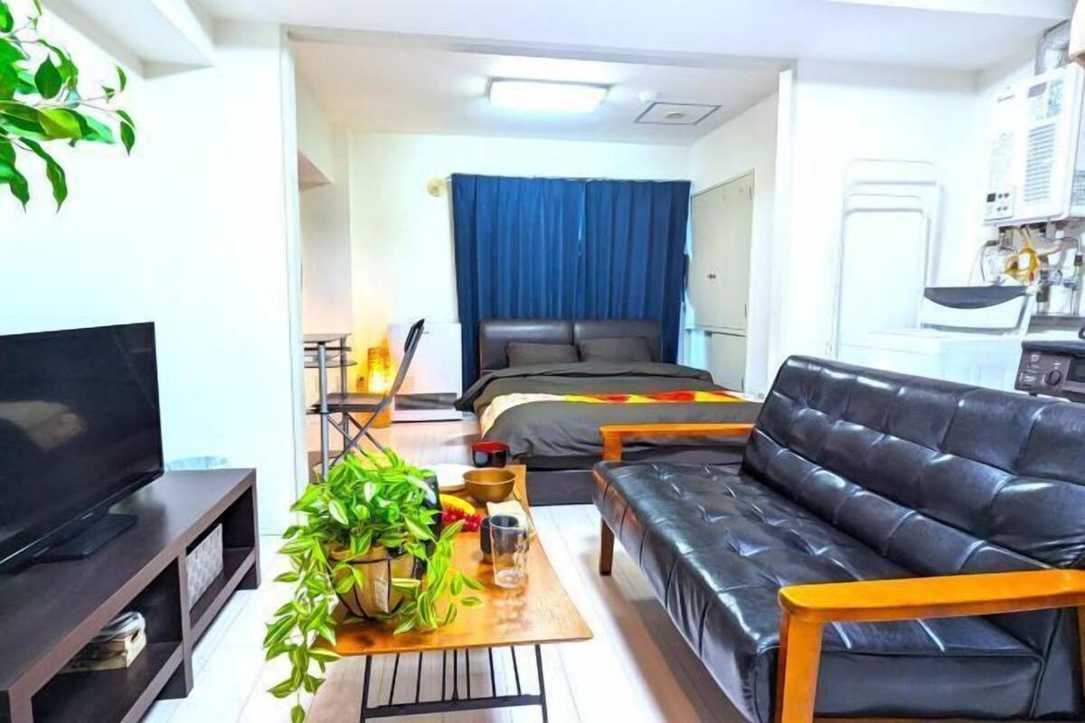 A modern living room with a flat-screen TV, a sofa, a coffee table with a plant, and a bed with a blue curtain.