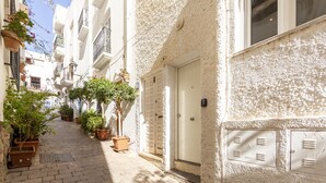 Un carrer estret amb edificis blancs, plantes en testos i una porta amb un panell de seguretat.
