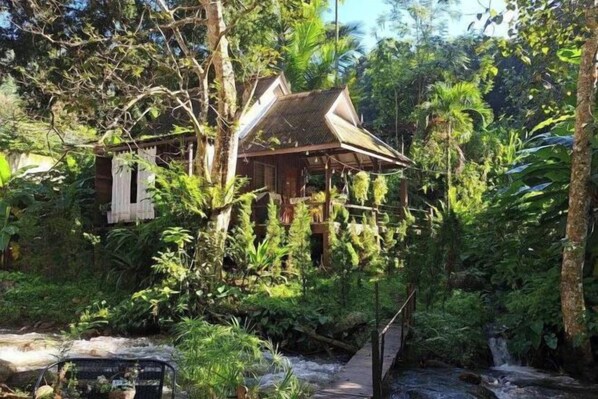 A rustic wooden house surrounded by dense tropical vegetation and a small stream. - Maekhumponghill Chiangmai (Mae On)
