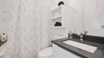 Shower, hair dryer, towels