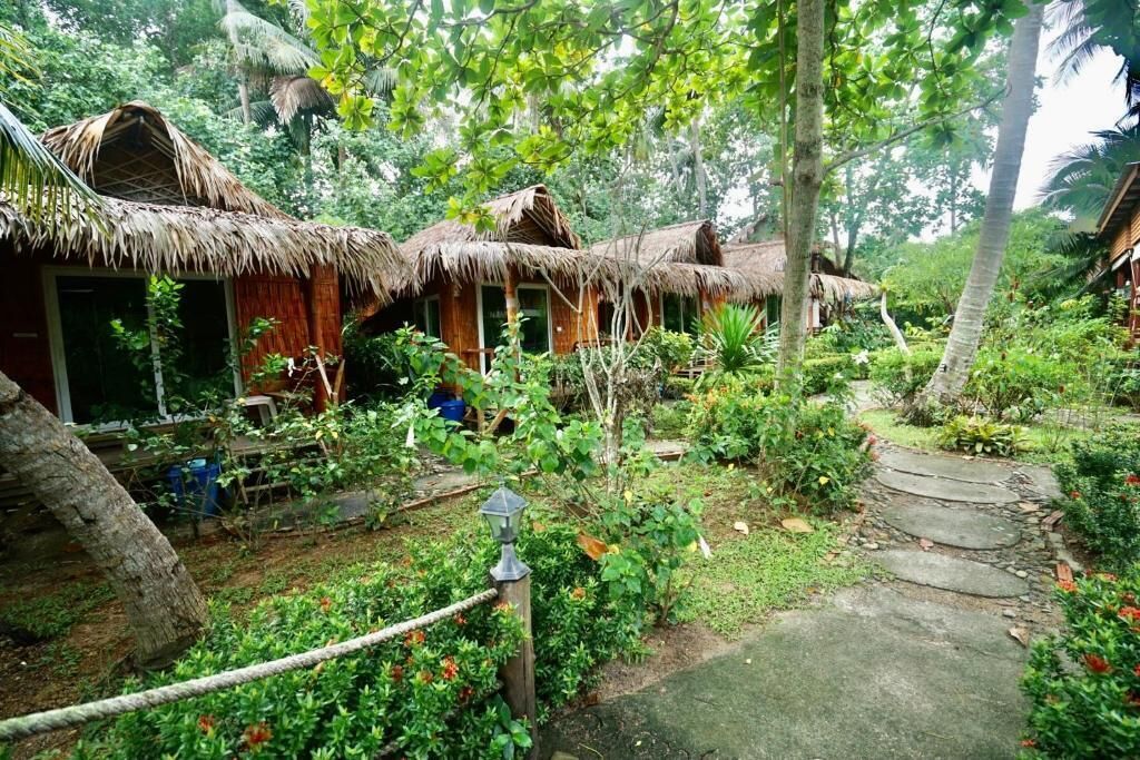 Cabañas con techo de paja y paredes de madera, rodeadas de exuberante vegetación y un sendero de piedra.