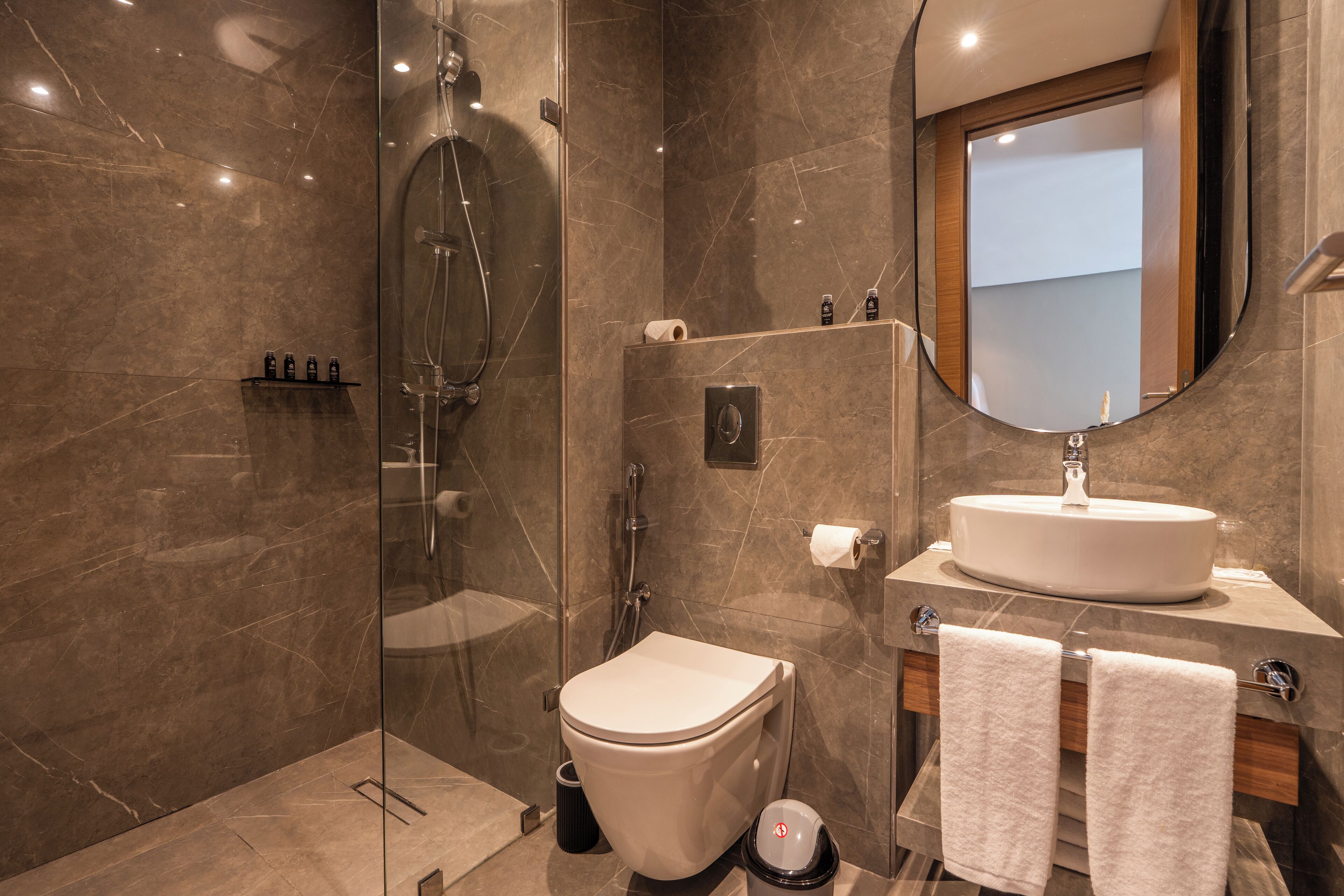 A modern bathroom with a glass-enclosed shower, a toilet, and a sink with a mirror above it.