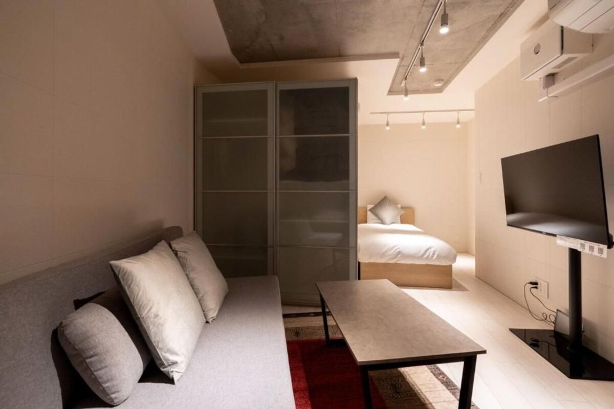 A modern bedroom with a sofa, a bed, a TV, and a wardrobe.