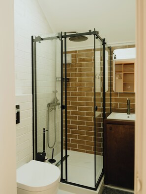 Un bagno moderno con doccia vetrata, WC bianco e un mobile bagno in legno con specchio.
