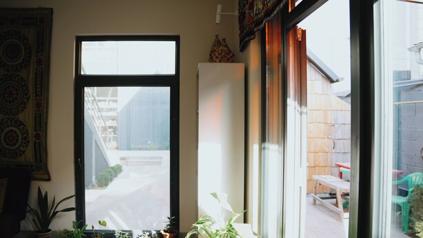 A room with a large window, a refrigerator, and several potted plants.