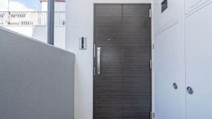 Ein moderner Eingangsbereich mit doppeltem Türblatt, einem Metallgriff und einem kleinen Fenster darüber.