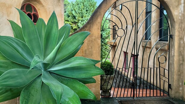 A stone archway leading to a building with a metal gate, a large green plant in the foreground, and a rainbow in the background. - Casa Vista- House With A View. A Unique Spanish Style Home (Ilkley)