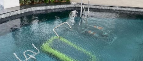 A swimming pool with a ladder and a person in the water.