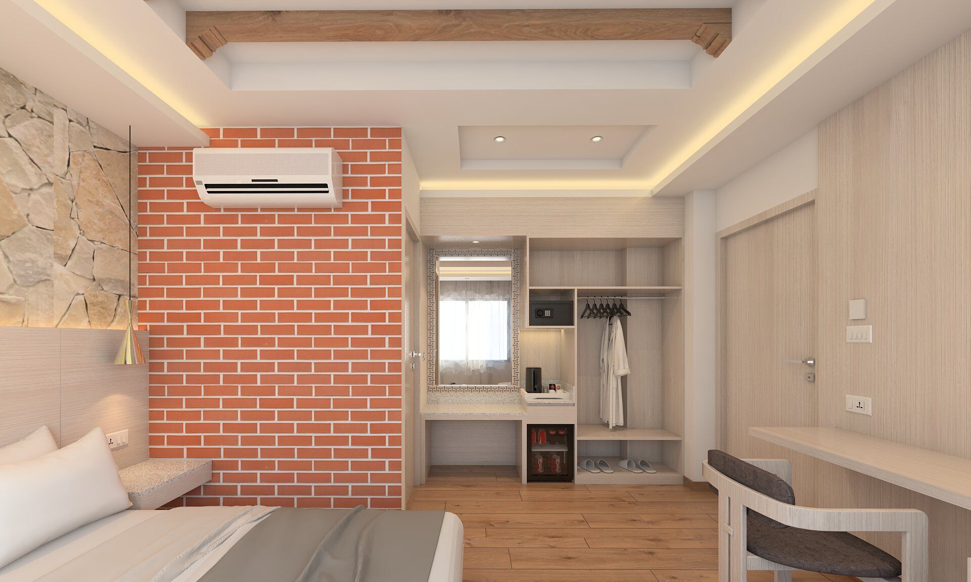 In-room safe, desk, laptop workspace, soundproofing