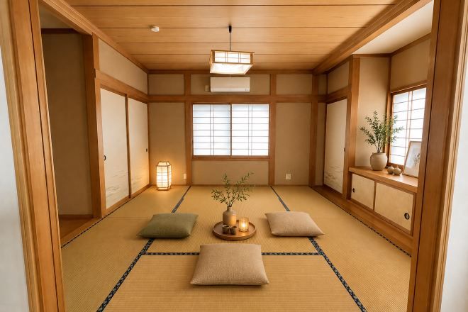 A traditional Japanese room with tatami flooring, sliding doors, a window with shoji screens, and a small table with a plant.