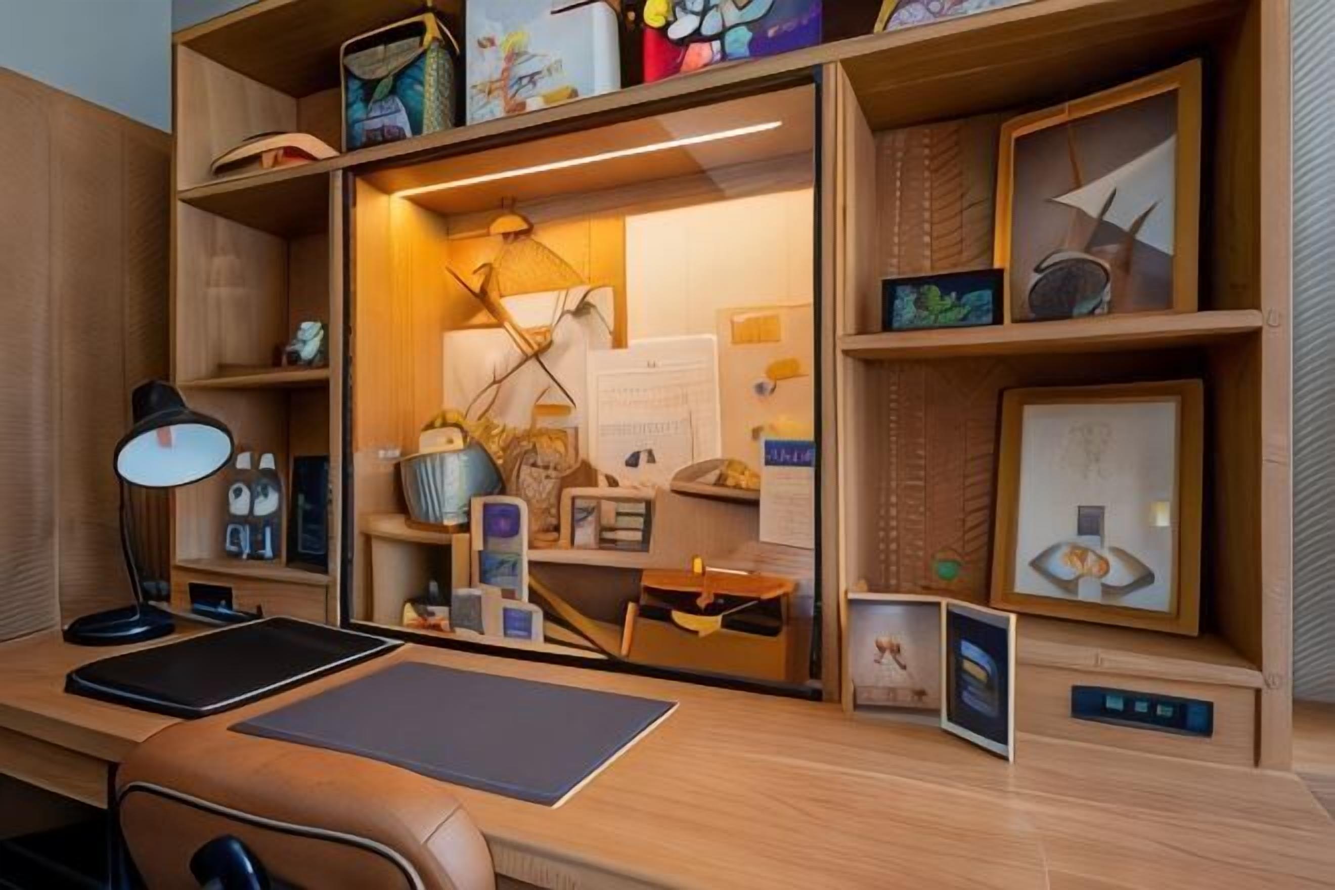 A wooden desk with a laptop, a desk lamp, and a framed picture.