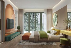 A modern bedroom with a large bed, a TV, a desk, and a window with a view of trees.