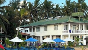 Un hotel frente a la playa con varios balcones, una zona de piscina con tumbonas y sombrillas, y palmeras al fondo.