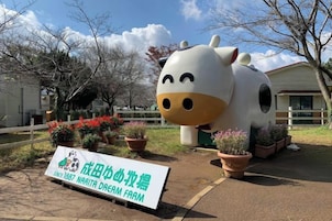 A large white cow sculpture with a sign in front of a building.