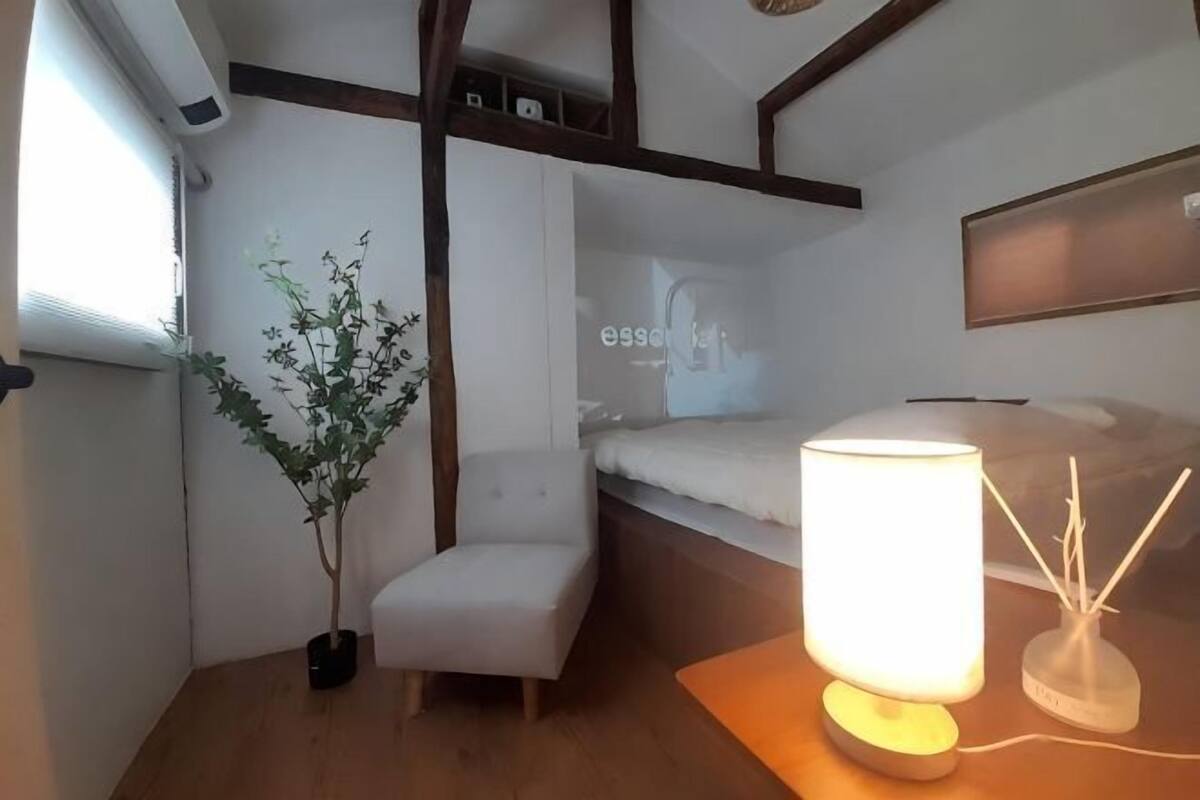A compact room with a bed, a bedside table with a lamp, a small chair, a potted plant, and a window.