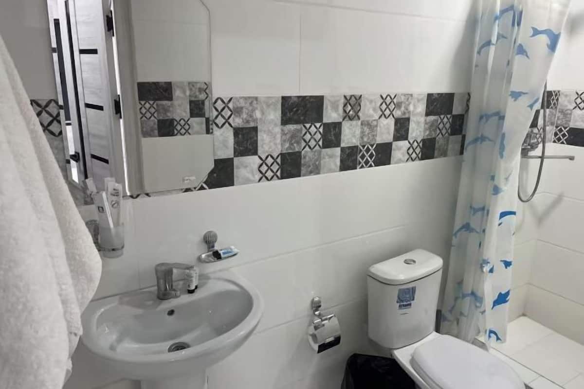 A bathroom with a sink, toilet, and shower curtain.