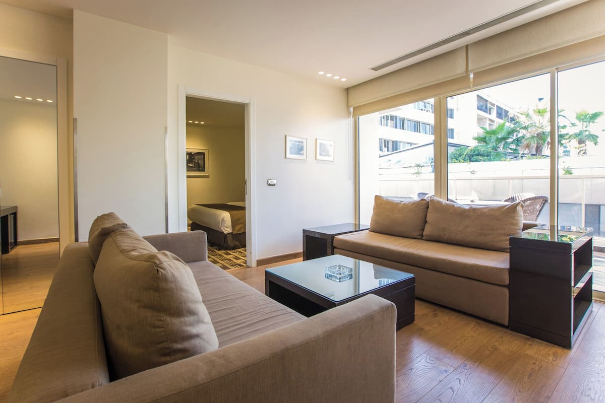 A modern living room with a sofa, a coffee table, and a view of the outside through large windows.