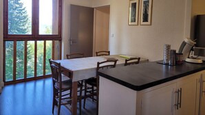 Un coin repas avec une table et des chaises, un comptoir de cuisine équipé d’appareils électroménagers et une fenêtre donnant sur les arbres.