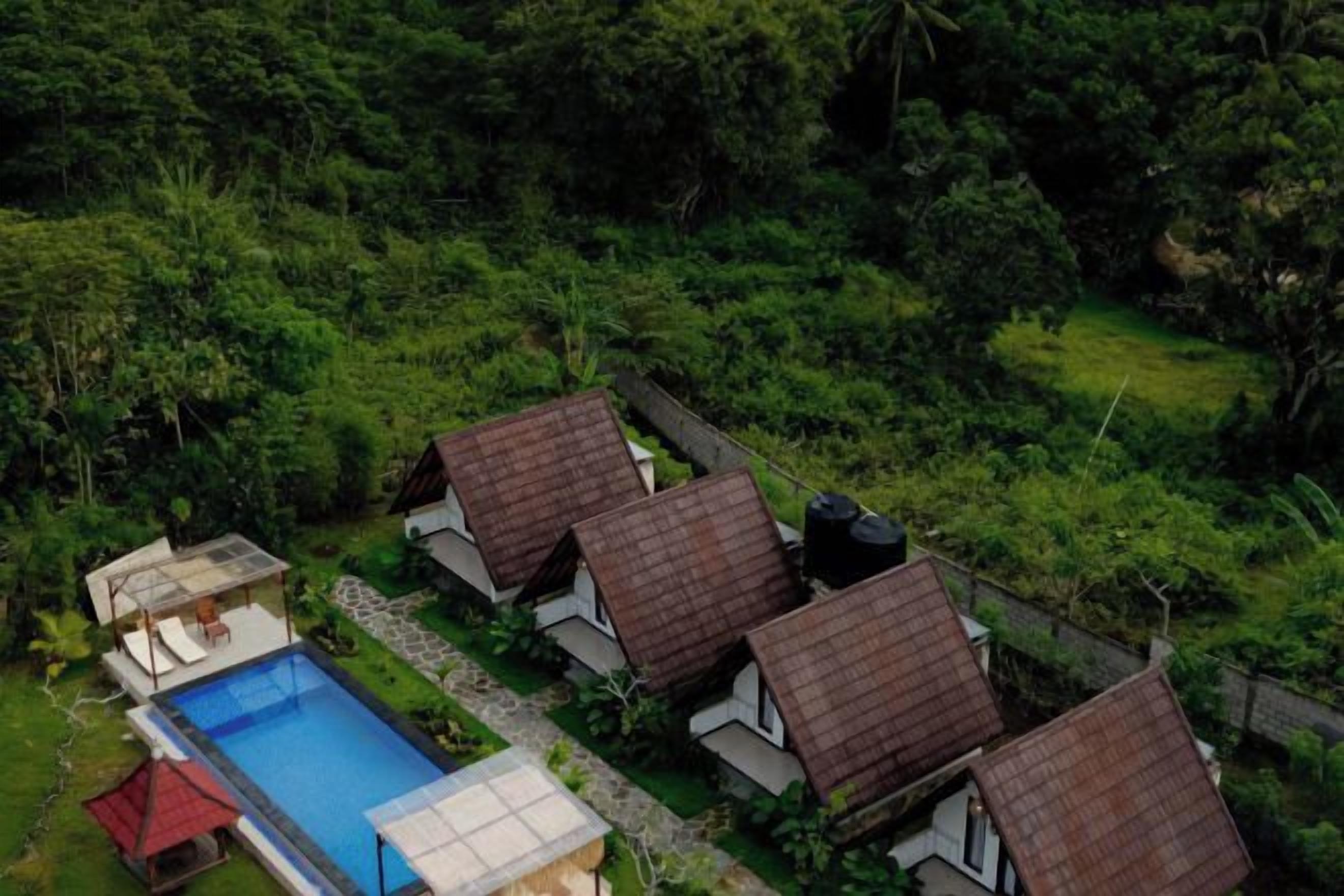 Un conjunto de casas con piscina y abundante vegetación.