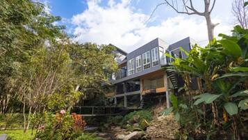 A modern two-story house with a balcony, surrounded by lush greenery and a small stream.