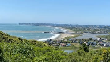 Een kustplaatsje met een strand, huizen en groen.