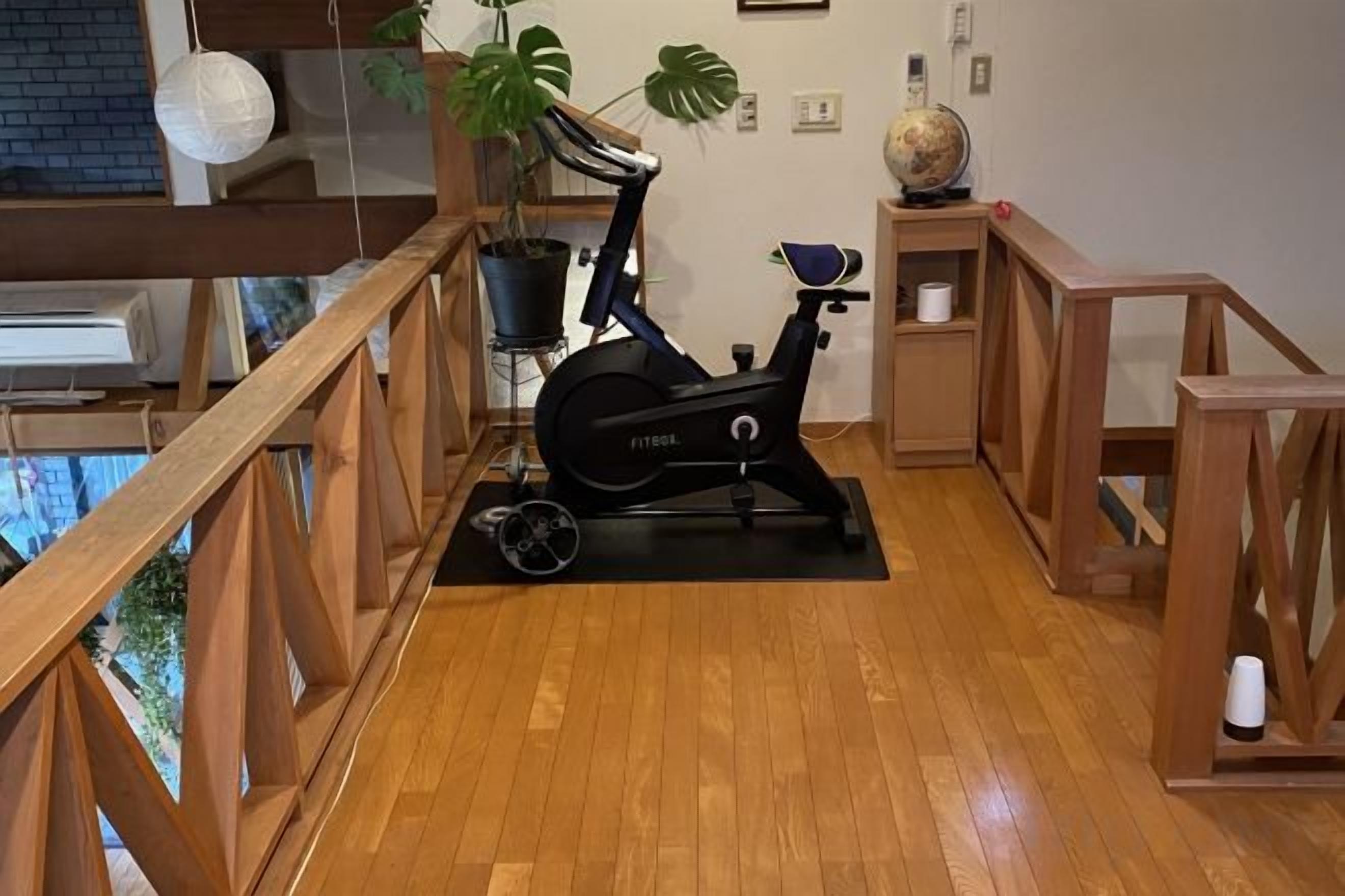 Un gimnasio en casa con una bicicleta estática, suelo de madera, una planta en maceta y vistas al exterior.