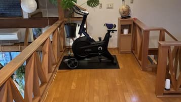 Un gimnasio en casa con una bicicleta estática, suelo de madera, una planta en maceta y vistas al exterior.