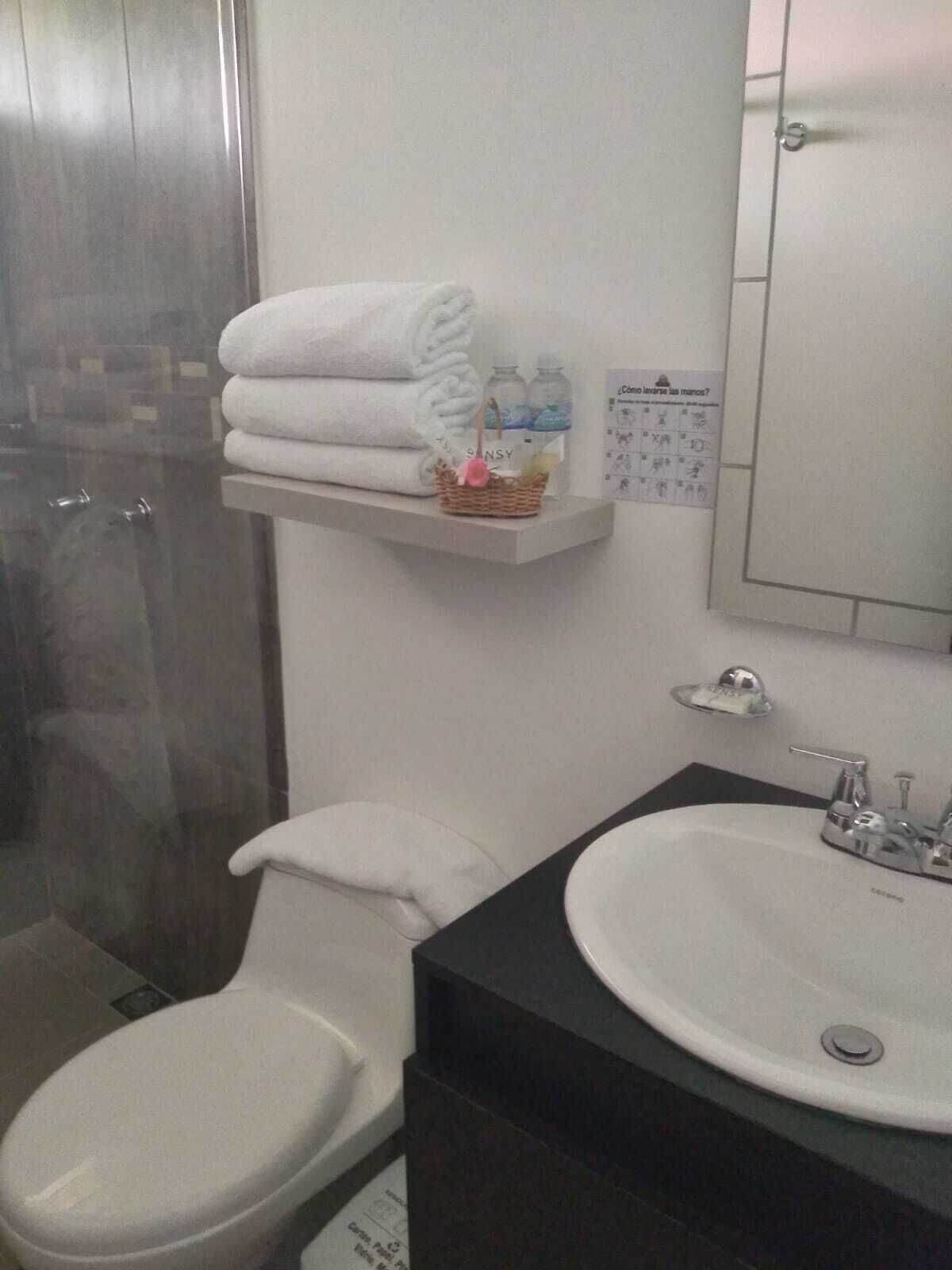 A bathroom with a toilet, sink, and a shower area.