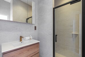 Shower, hair dryer, shampoo