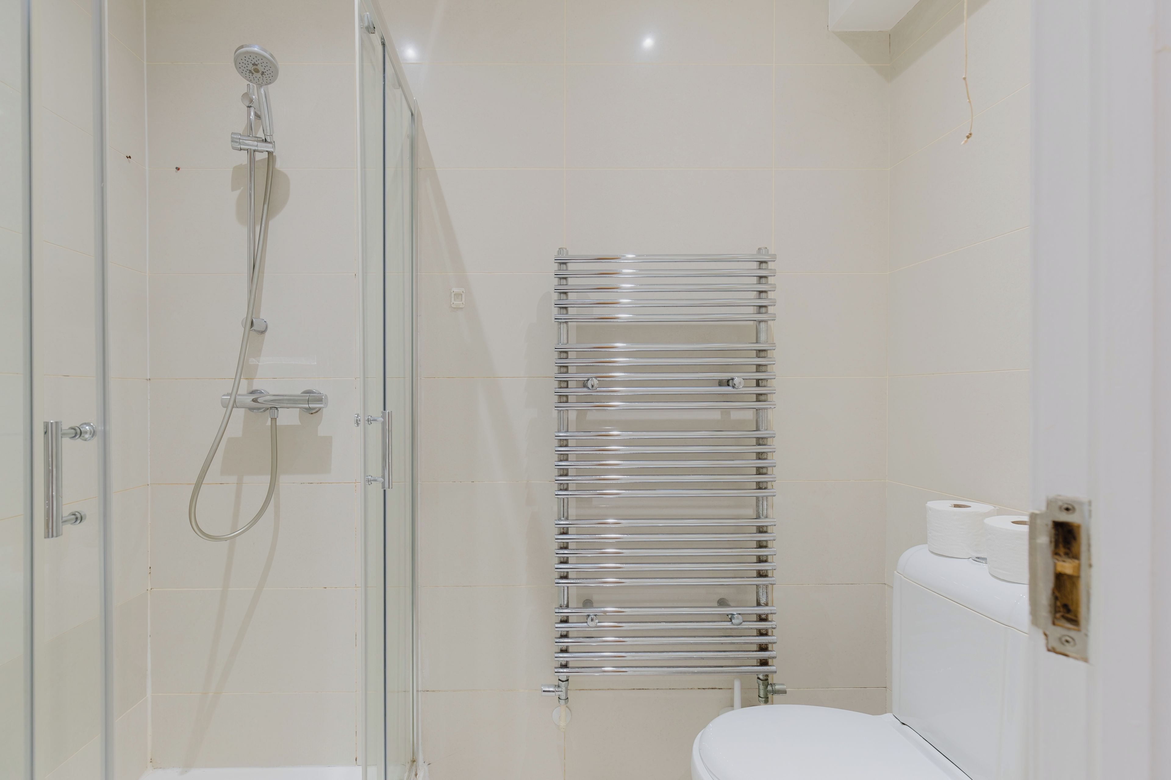 A bathroom with a glass-enclosed shower, a chrome towel rack, and a toilet with a roll of toilet paper.