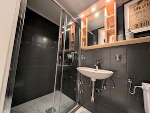 A modern bathroom with a glass-enclosed shower, a white sink, and a mirror above the sink.