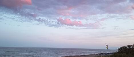 Una playa con sombrillas y un muelle.