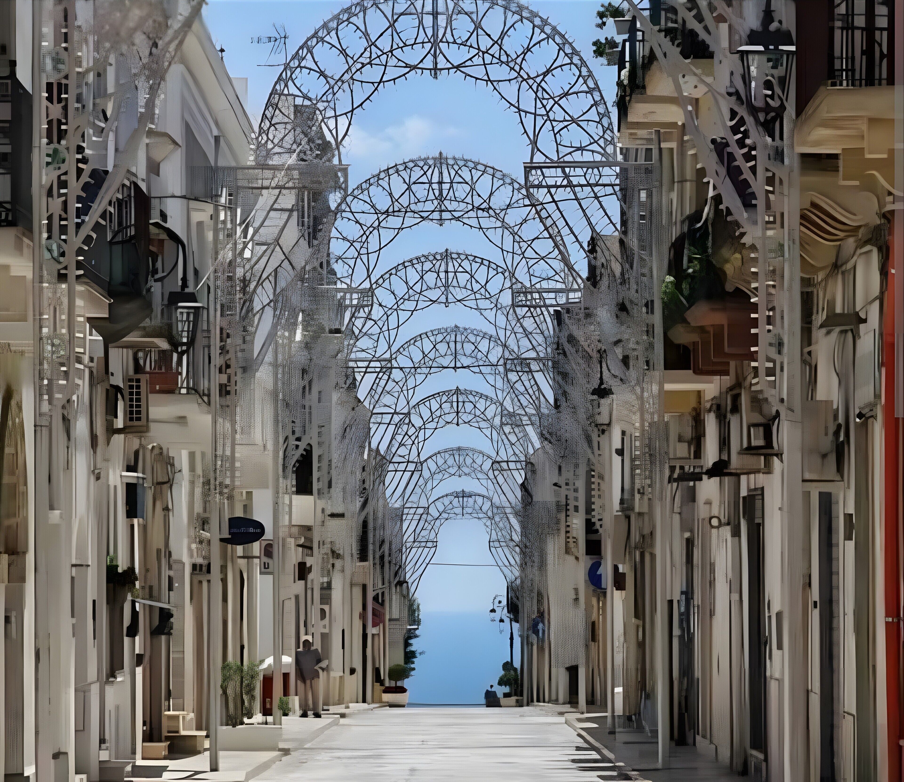 A street lined with buildings, a Ferris wheel in the background, and a clear sky.
