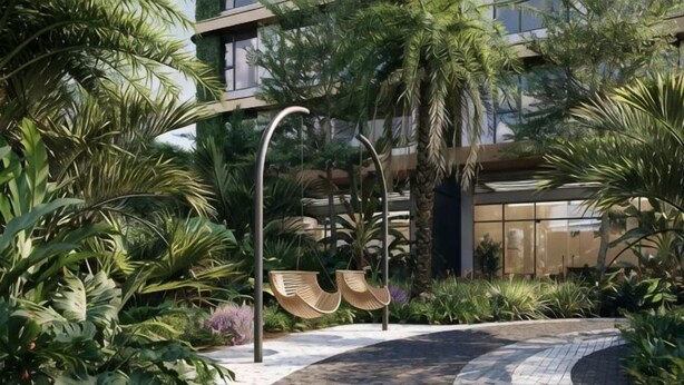 A pathway with hanging chairs, lush greenery, and a modern building in the background. - LISA HOUSE - MASTERI WEST HEIGHTS - VINHOMES SMART CITY (Hanoi)